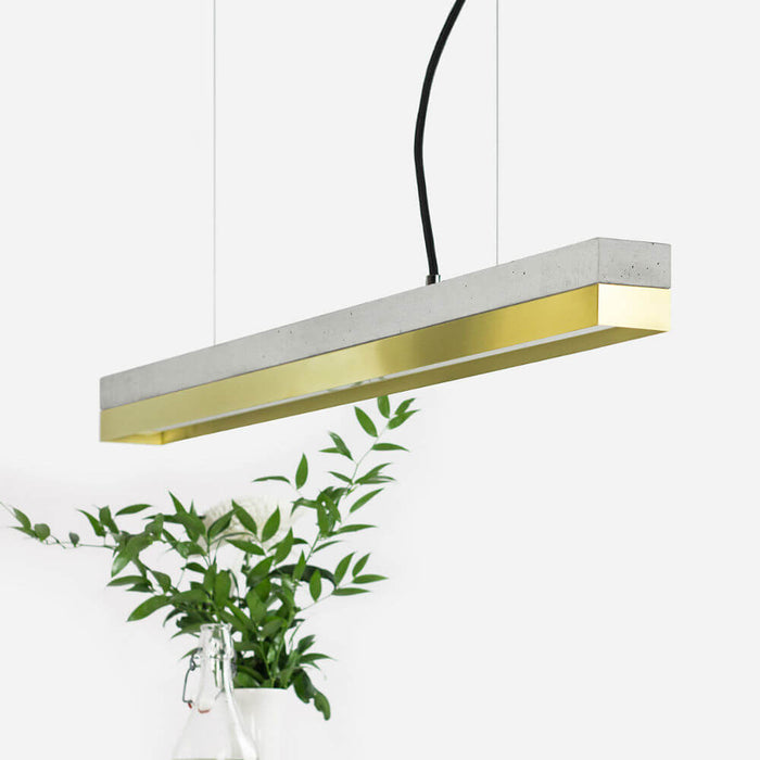 grey concrete and brass rectangular pendant light